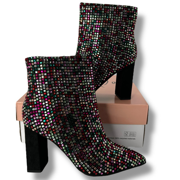 NEW Wild Pair Black Rainbow Rhinestone Bootie Size 6.5 Embellished Sparkly Heels - Picture 1 of 12